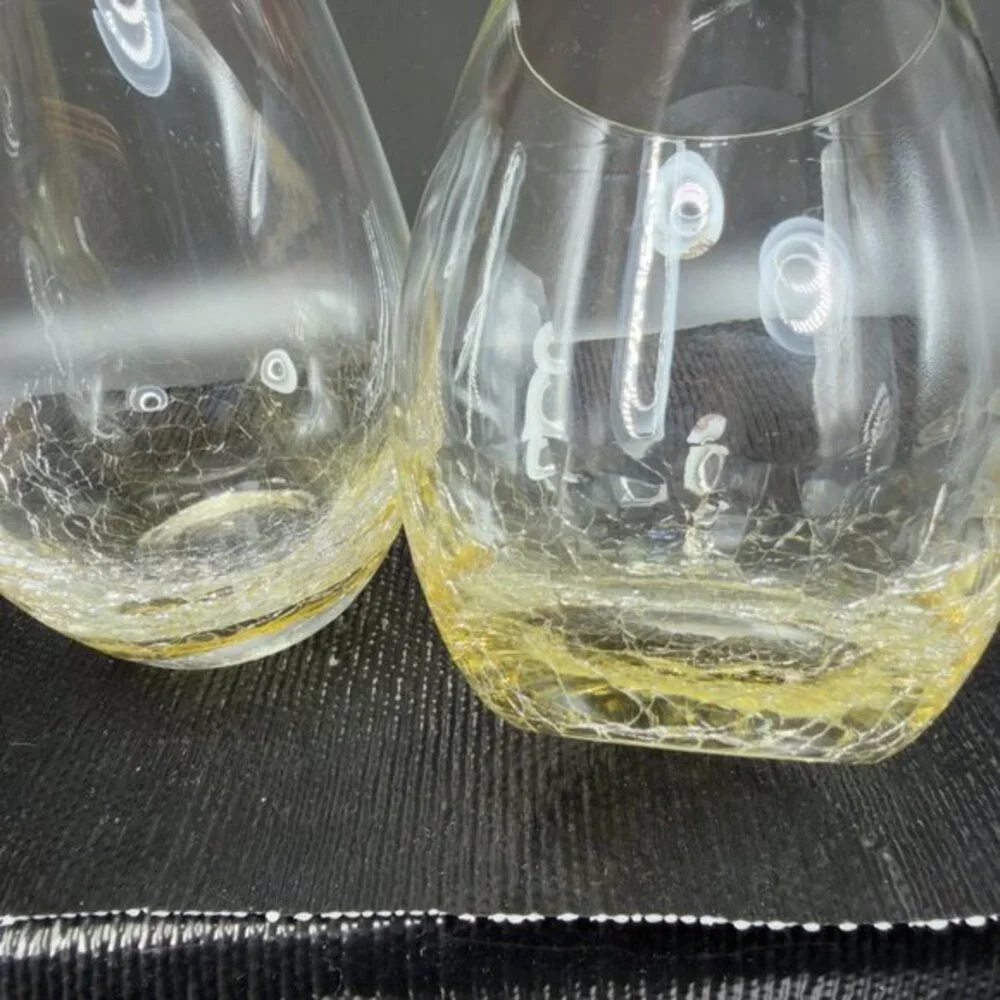 Pier‎ 1 Crackled Glass Glasses Cups Tumbler Set 2 Yellow Crackle Glass Glasses